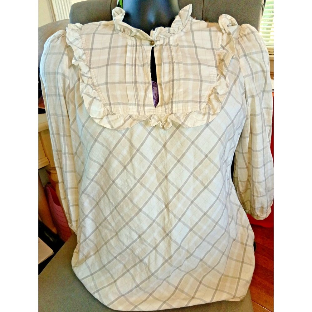 Banana Republic Womens Medium Y2K Beige Plaid Ruffle Bib Brass Buttons Blouse
